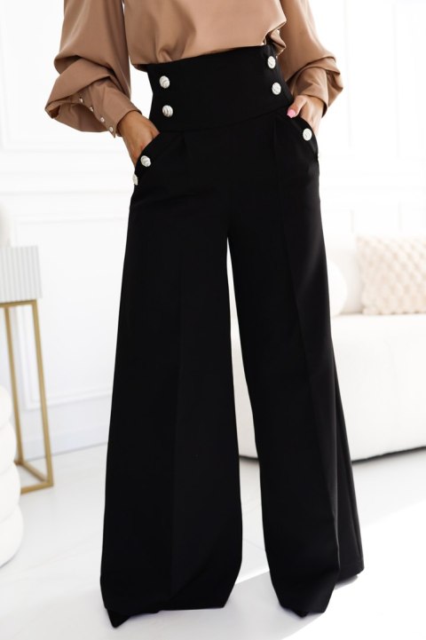 496-2 Eleganckie szerokie spodnie z kieszeniami, wysokim stanem i złotymi guzikami - CZARNE - XL 496-2 Eleganckie szerokie spodnie z kieszeniami, wysokim stanem i złotymi guzikami - CZARNE - XL