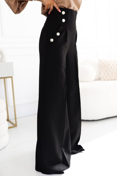 496-2 Eleganckie szerokie spodnie z kieszeniami, wysokim stanem i złotymi guzikami - CZARNE - XL 496-2 Eleganckie szerokie spodnie z kieszeniami, wysokim stanem i złotymi guzikami - CZARNE - XL