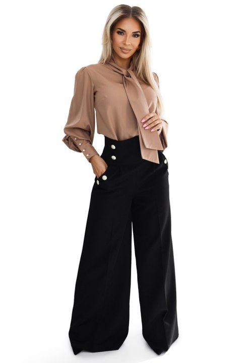 496-2 Eleganckie szerokie spodnie z kieszeniami, wysokim stanem i złotymi guzikami - CZARNE - XL 496-2 Eleganckie szerokie spodnie z kieszeniami, wysokim stanem i złotymi guzikami - CZARNE - XL