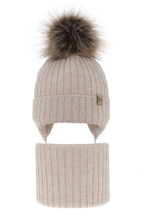 Czapka i komin dla dziewczynki zimowy komplet, beżowy, 100% wełniany merino, wiązany Junika Czapka i komin dla dziewczynki zimowy komplet, beżowy, 100% wełniany merino, wiązany Junika