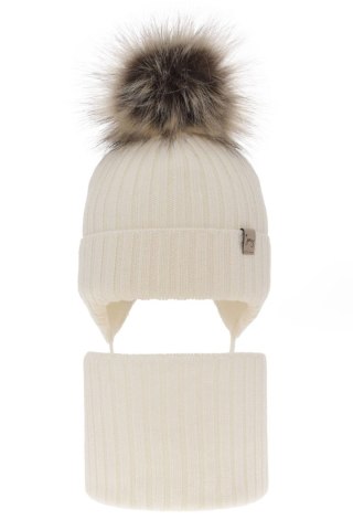 Czapka i komin dla dziewczynki zimowy komplet, kremowy, 100% wełniana merino, wiązany Junika