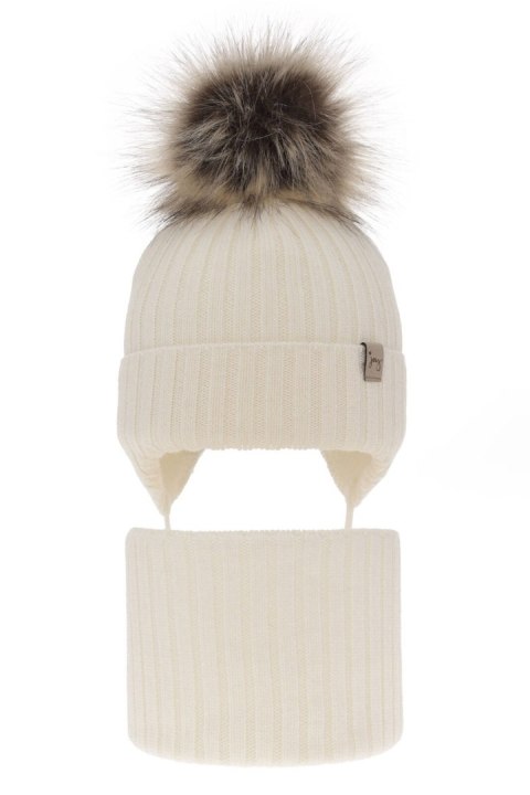 Czapka i komin dla dziewczynki zimowy komplet, kremowy, 100% wełniana merino, wiązany Junika Czapka i komin dla dziewczynki zimowy komplet, kremowy, 100% wełniana merino, wiązany Junika