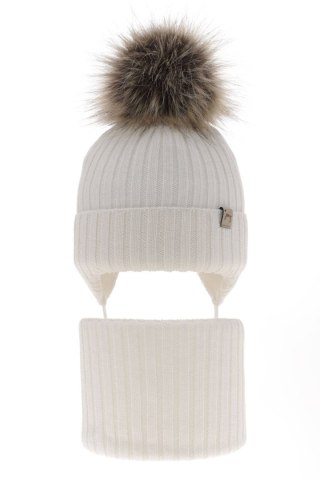 Czapka i komin dla dziewczynki zimowy komplet, biały, 100% wełniana merino, wiązany Junika