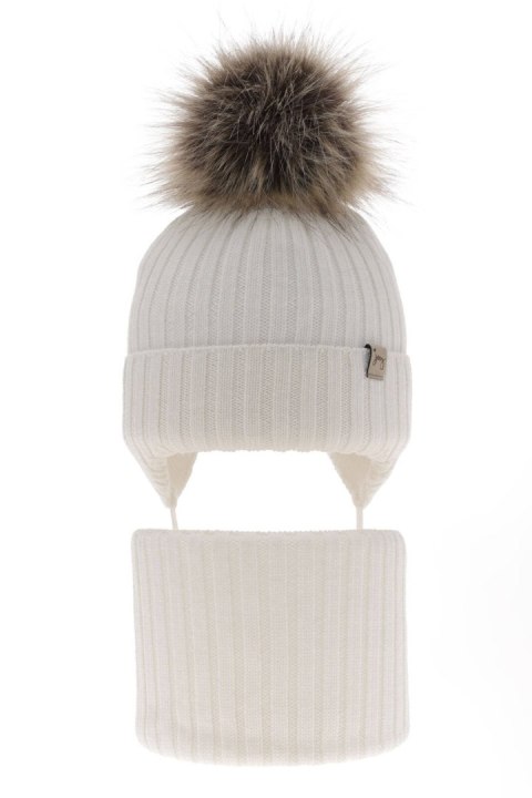 Czapka i komin dla dziewczynki zimowy komplet, biały, 100% wełniana merino, wiązany Junika Czapka i komin dla dziewczynki zimowy komplet, biały, 100% wełniana merino, wiązany Junika