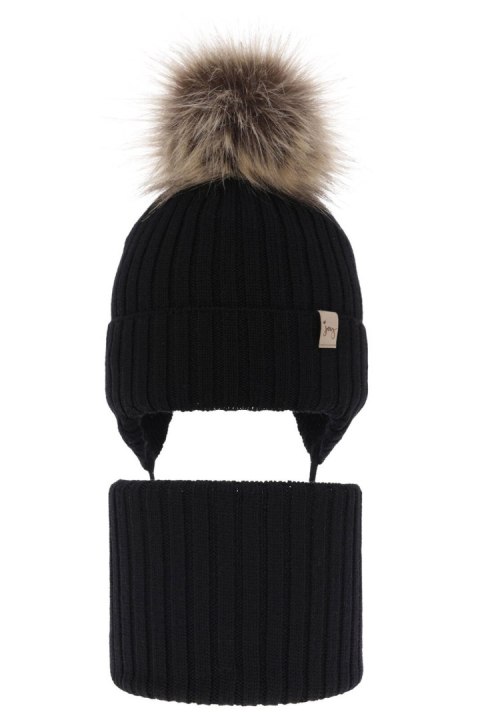 Czapka i komin dla dziewczynki zimowy komplet, czarny, wiązany, 100% wełniany merino Junika Czapka i komin dla dziewczynki zimowy komplet, czarny, wiązany, 100% wełniany merino Junika