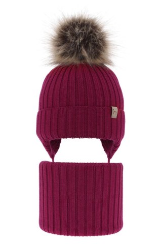 Czapka i komin dla dziewczynki zimowy komplet, fuksja, wiązany, 100% wełniany merino Junika