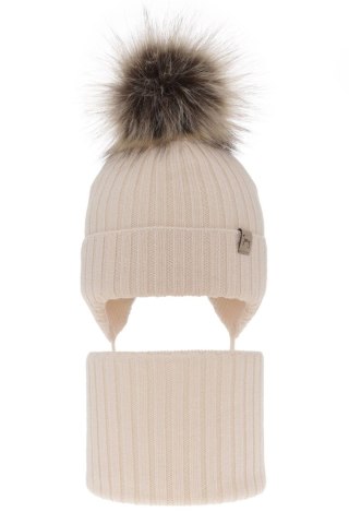 Czapka i komin dla dziewczynki zimowy komplet, jasnobeżowy, wiązany, 100% wełniany merino, z pomponem Junika