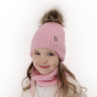 Czapka i komin dla dziewczynki zimowy komplet, różowy, 100% wełniany merino, wiązany Junika