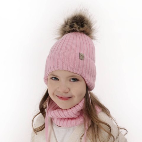 Czapka i komin dla dziewczynki zimowy komplet, różowy, 100% wełniany merino, wiązany Junika Czapka i komin dla dziewczynki zimowy komplet, różowy, 100% wełniany merino, wiązany Junika