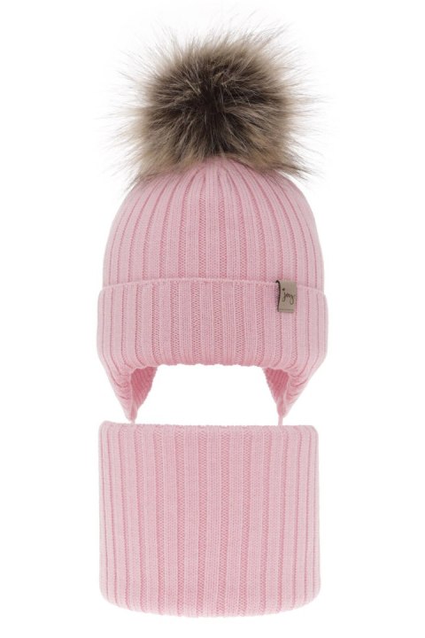 Czapka i komin dla dziewczynki zimowy komplet, różowy, 100% wełniany merino, wiązany Junika Czapka i komin dla dziewczynki zimowy komplet, różowy, 100% wełniany merino, wiązany Junika