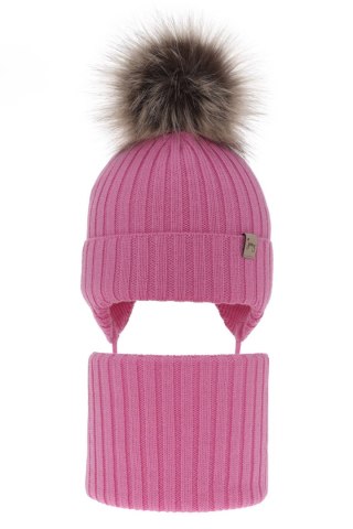 Czapka i komin dla dziewczynki zimowy komplet, różowy, 100% wełniany merino, wiązany Junika