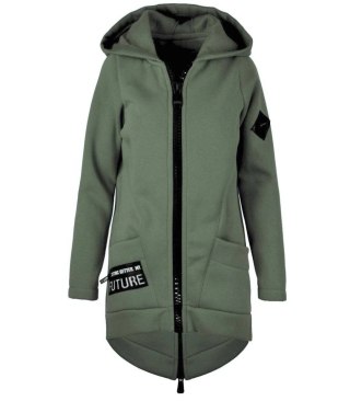 Długa bluza damska z kapturem parka gruba ciepła (Zielony) S (36)