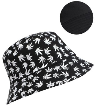 Dwustronny kapelusz BUCKET HAT print listki (Czarny)