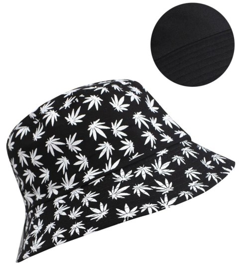 Dwustronny kapelusz BUCKET HAT print listki (Czarny)
