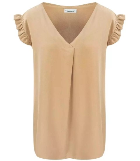 Bluzka koszulka dekolt V krótki rękaw Elegancka (Beżowy) 5XL/6XL