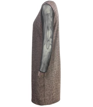 Brokatowa sukienka z tiulowymi rękawami Elegancka (Brązowy) 38