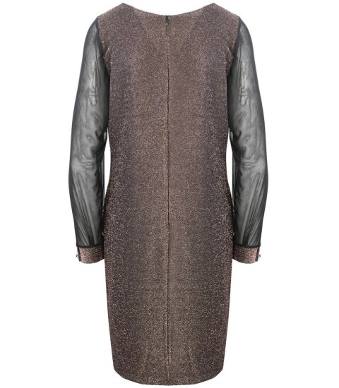 Brokatowa sukienka z tiulowymi rękawami Elegancka (Brązowy) 38 Brokatowa sukienka z tiulowymi rękawami Elegancka (Brązowy) 38