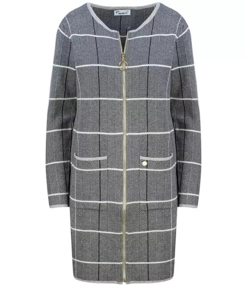 Ciepły długi Sweter Kardigan w jodełkę Elegancki (Szary) L/XL