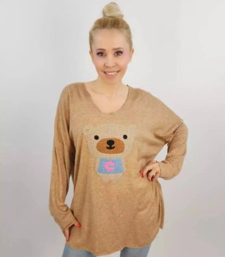 Cienki sweter oversize serek z misiem (Beżowy)