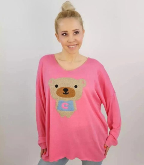 Cienki sweter oversize serek z misiem (Różowy) Cienki sweter oversize serek z misiem (Różowy)