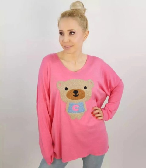 Cienki sweter oversize serek z misiem (Różowy) Cienki sweter oversize serek z misiem (Różowy)