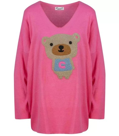 Cienki sweter oversize serek z misiem (Różowy) Cienki sweter oversize serek z misiem (Różowy)