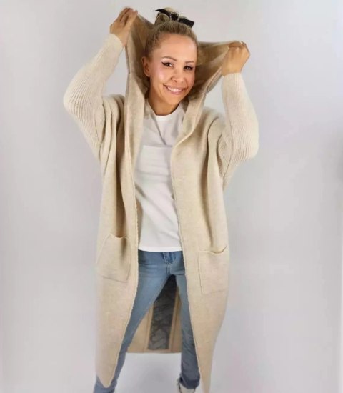 Długi kardigan Sweter z wełną Ciepły Napis NEVER LOOK BACK (Beżowy) S (36) Długi kardigan Sweter z wełną Ciepły Napis NEVER LOOK BACK (Beżowy) S (36)
