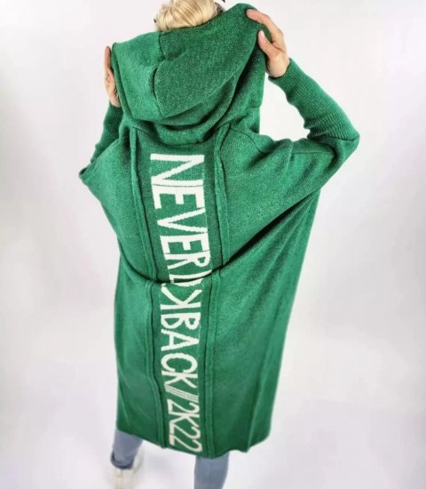Długi kardigan Sweter z wełną Ciepły Napis NEVER LOOK BACK (Zielony) S (36) Długi kardigan Sweter z wełną Ciepły Napis NEVER LOOK BACK (Zielony) S (36)