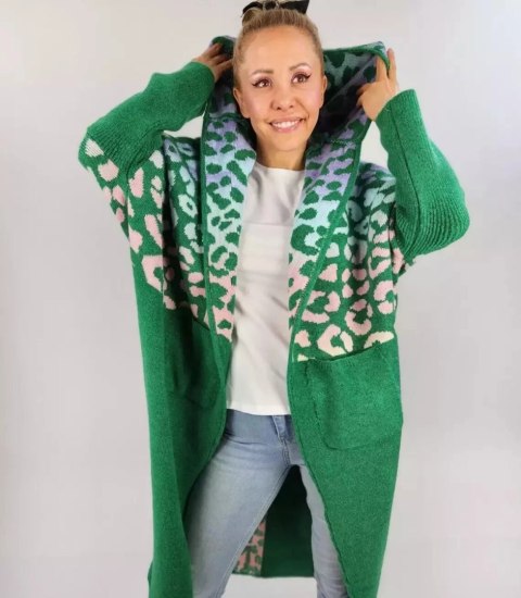 Długi kardigan sweter kolorowa panterka z wełną (Zielony) S (36) Długi kardigan sweter kolorowa panterka z wełną (Zielony) S (36)