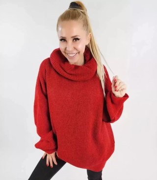Sweter damski z golfem Ciepły Elastyczny oversize (Czerwony)