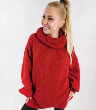 Sweter damski z golfem Ciepły Elastyczny oversize (Czerwony)