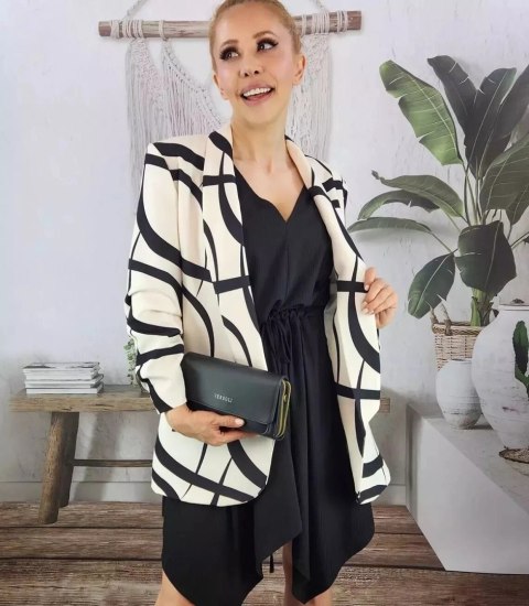 Żakiet marynarka pastelowa drapowany rękaw Elegancki 3/4 (Beżowy) S (36)