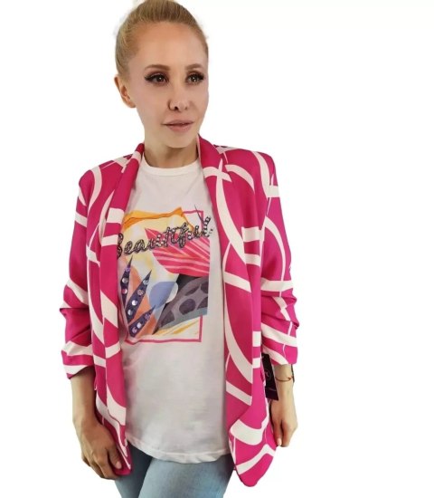 Żakiet marynarka pastelowa drapowany rękaw Elegancki 3/4 (Różowy) S (36)