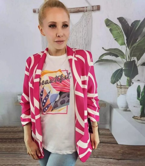 Żakiet marynarka pastelowa drapowany rękaw Elegancki 3/4 (Różowy) S (36)
