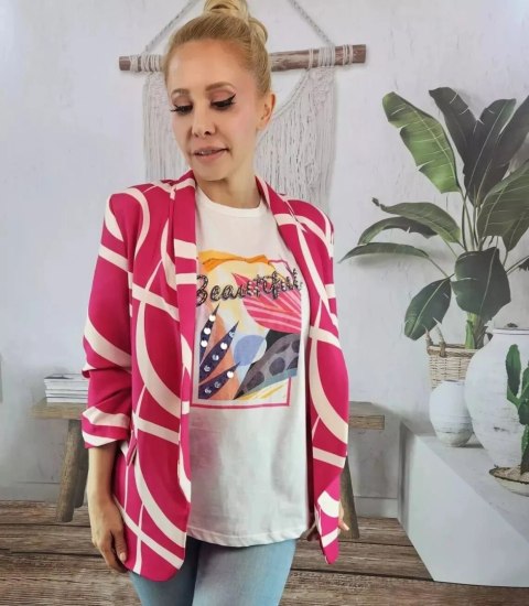 Żakiet marynarka pastelowa drapowany rękaw Elegancki 3/4 (Różowy) S (36)