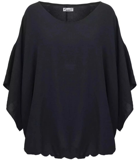 Zwiewna bluzka rękawy motyl rozcięcia elegancka luźna oversize (Czarny) 46/48 Zwiewna bluzka rękawy motyl rozcięcia elegancka luźna oversize (Czarny) 46/48