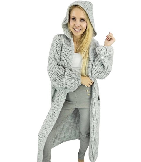 Długi ciepły kardigan sweter gruby splot VALERIA (Szary) S (36) Długi ciepły kardigan sweter gruby splot VALERIA (Szary) S (36)