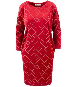 Welurowa sukienka z błyszcżacym wzorem bombka midi Elegancka LILI (Czerwony) 40