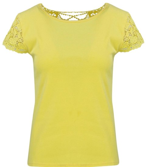 Bluzka koszulka krótki rękaw ozdobiona koronką Elegancka LUIZA (Żółty) L/XL Bluzka koszulka krótki rękaw ozdobiona koronką Elegancka LUIZA (Żółty) L/XL