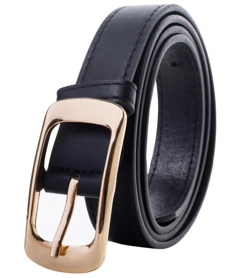 Gładki damski pasek z eko skóry ze złotą sprzączką Elegancki 115x2 cm (Czarny) Gładki damski pasek z eko skóry ze złotą sprzączką Elegancki 115x2 cm (Czarny)