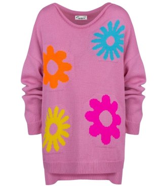 Sweter damski w kolorowe kwiaty z dlłuższym tyłem LILANA (Różowy || Wielokolorowy)