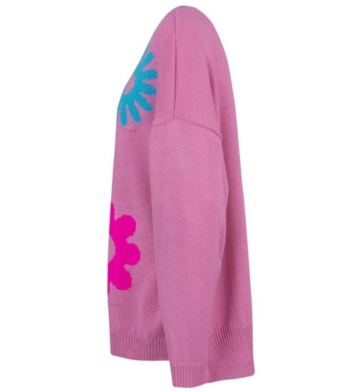 Sweter damski w kolorowe kwiaty z dlłuższym tyłem LILANA (Różowy || Wielokolorowy)