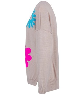 Sweter damski w kolorowe kwiaty z dlłuższym tyłem LILANA (Różowy || Wielokolorowy)