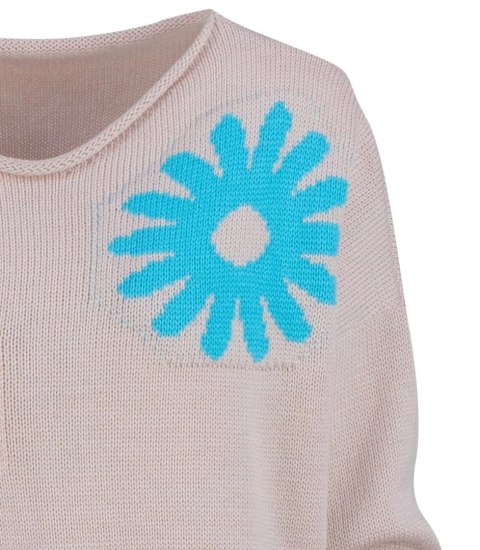 Sweter damski w kolorowe kwiaty z dlłuższym tyłem LILANA (Różowy || Wielokolorowy)