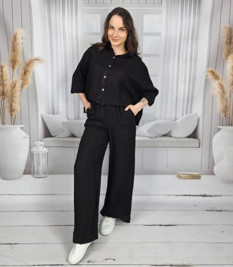 Szerokie spodnie z lnu kuloty z szeroka nogawką Eleganckie LAILA (Czarny) M (38) Szerokie spodnie z lnu kuloty z szeroka nogawką Eleganckie LAILA (Czarny) M (38)