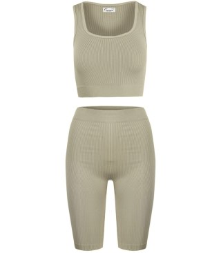Sportowy prążkowany zestaw legginsy +top szerokie ramiączka MISSY (Beżowy) 4XL/5XL