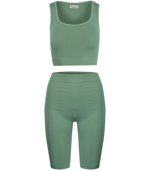 Sportowy prążkowany zestaw legginsy +top szerokie ramiączka MISSY (Zielony) 4XL/5XL
