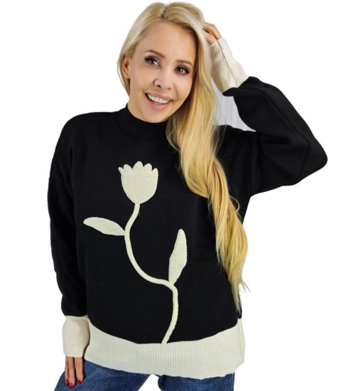 Sweter damski półgolf ciepły nadruk kwiatka jesień zima ROSELYN (Czarny) Sweter damski półgolf ciepły nadruk kwiatka jesień zima ROSELYN (Czarny)