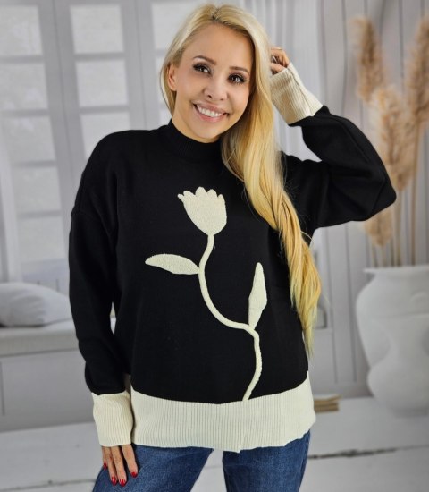 Sweter damski półgolf ciepły nadruk kwiatka jesień zima ROSELYN (Czarny) Sweter damski półgolf ciepły nadruk kwiatka jesień zima ROSELYN (Czarny)
