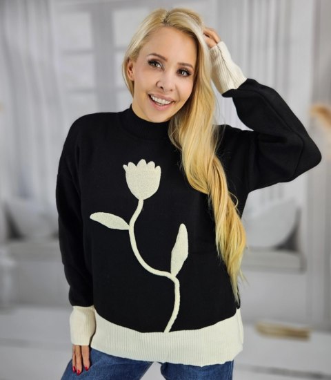 Sweter damski półgolf ciepły nadruk kwiatka jesień zima ROSELYN (Czarny) Sweter damski półgolf ciepły nadruk kwiatka jesień zima ROSELYN (Czarny)